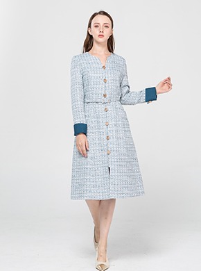 [Star★pick! ]Tweed Rose Button Dress Blue (Belt Set)