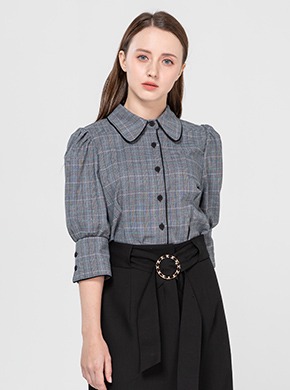 Piping Checked Blouse Black (Belt Set)