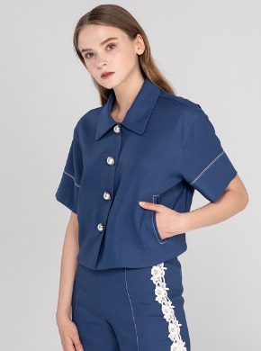Linen Short-Sleeve Jacket Navy