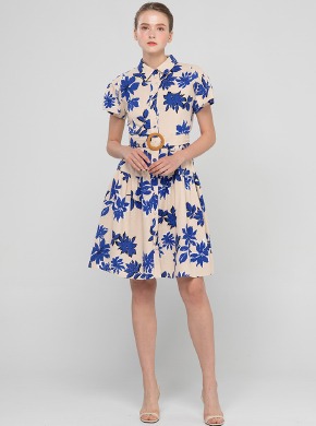 Flower Shirring Dress Beige